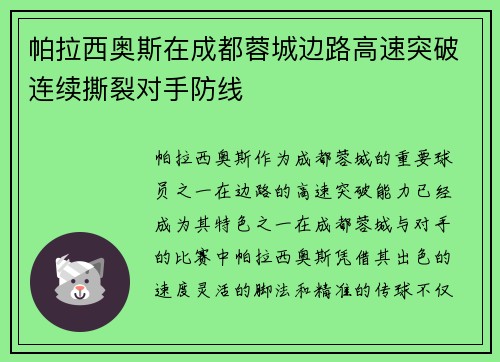 帕拉西奥斯在成都蓉城边路高速突破连续撕裂对手防线