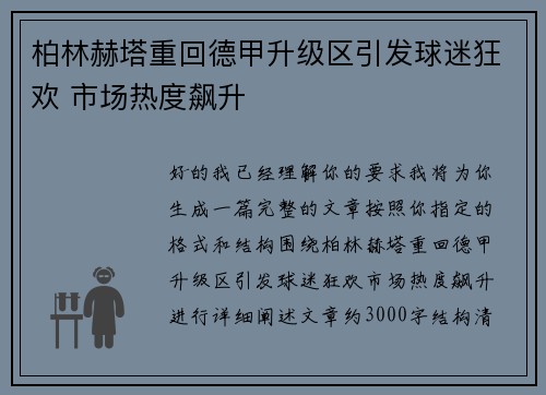 柏林赫塔重回德甲升级区引发球迷狂欢 市场热度飙升