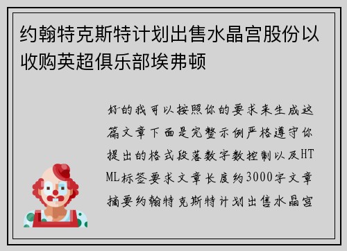 约翰特克斯特计划出售水晶宫股份以收购英超俱乐部埃弗顿