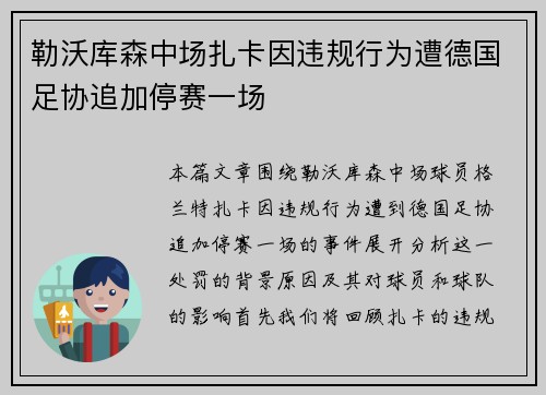 勒沃库森中场扎卡因违规行为遭德国足协追加停赛一场